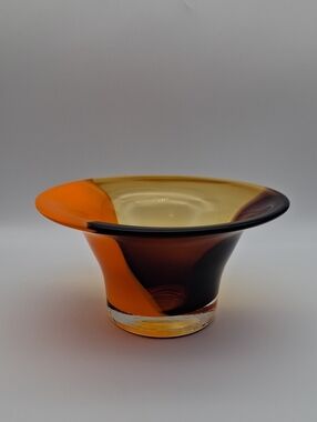 Handblown Amber & Orange Glass Display Bowl - MCM 8.25" Diameter 4.25" Tall